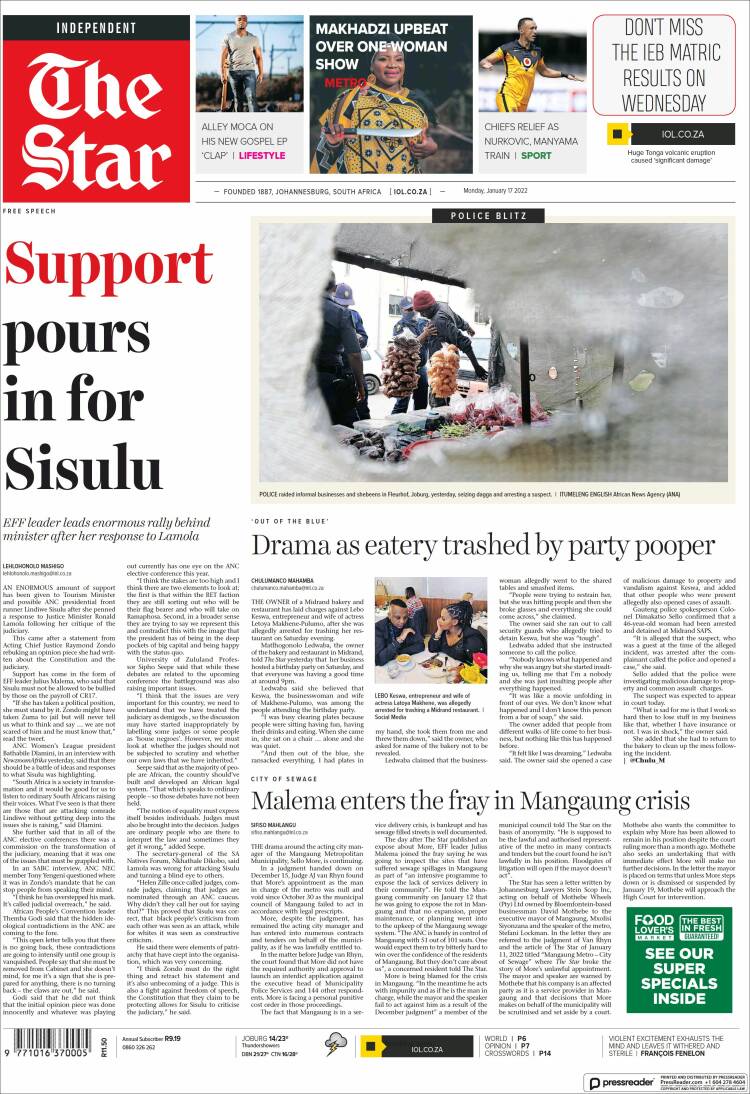 Portada de The Star (Sud&aacute;frica)