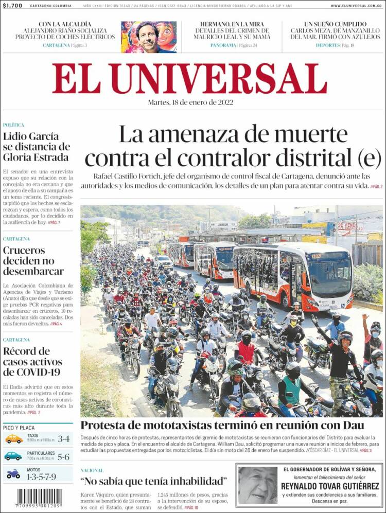 Portada de El Universal (Colombia)