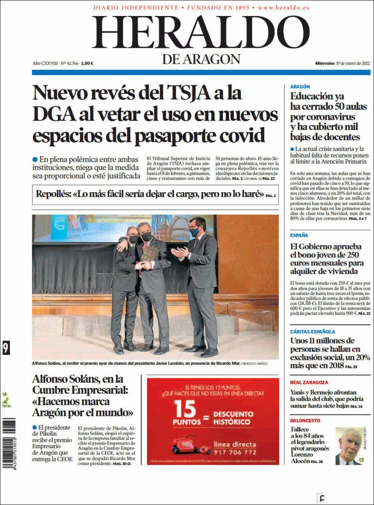 Portada de Heraldo de Aragón (España)