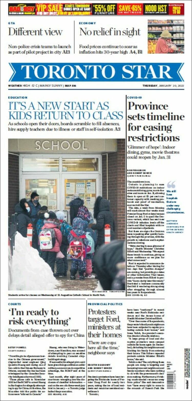 Portada de The Toronto Star (Canada)