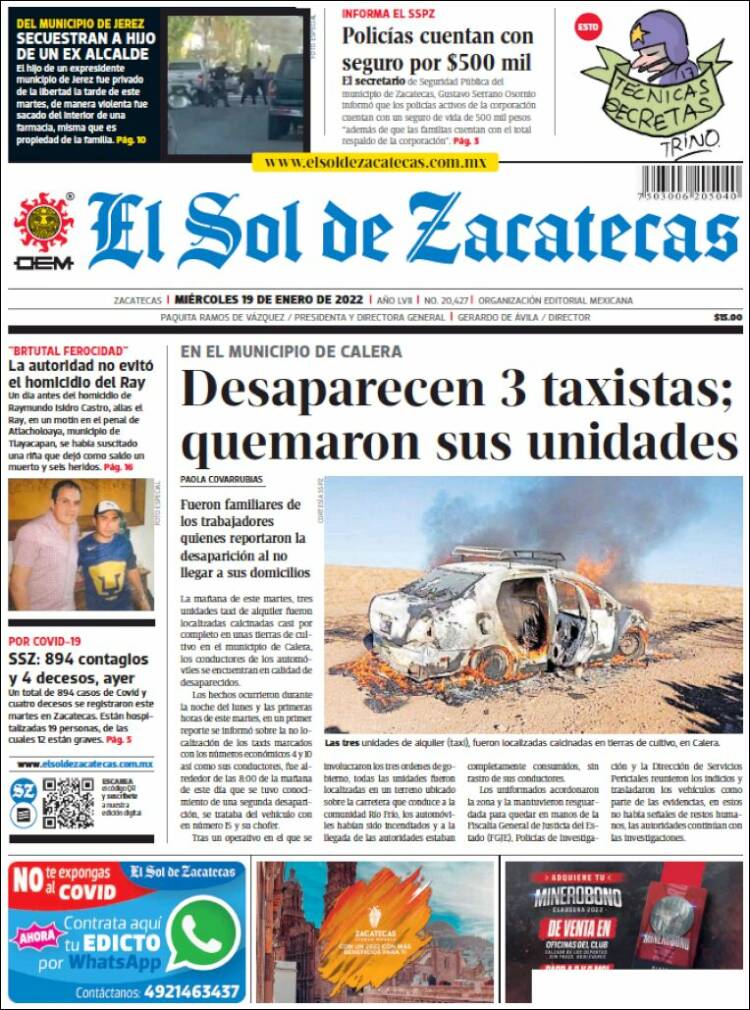 Portada de El Sol de Zacatecas (M&eacute;xico)