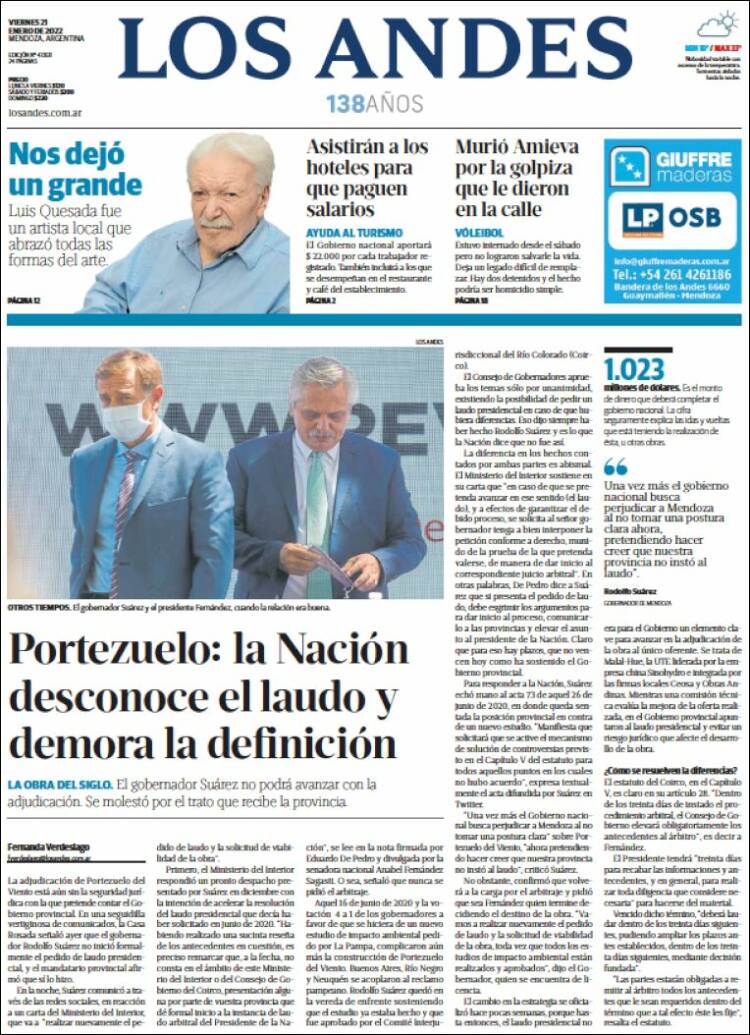 Portada de Los Andes - Mendoza (Argentina)