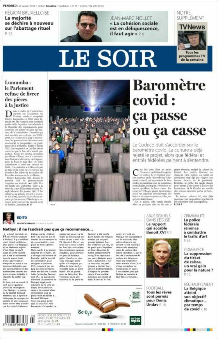 Portada de Le Soir (B&eacute;lgica)