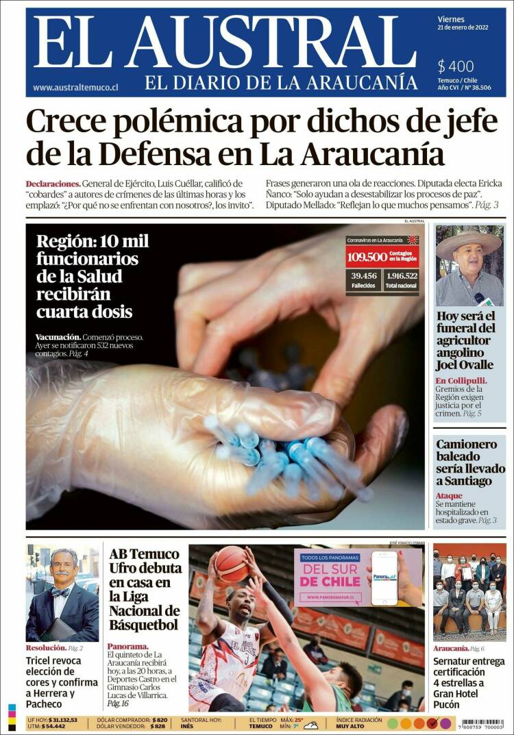 Portada de El Austral de Temuco (Chile)