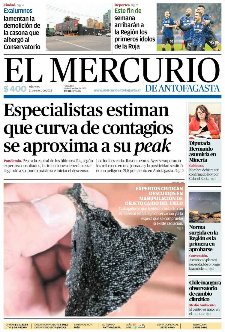 Portada de El Mercurio de Antofagasta (Chile)