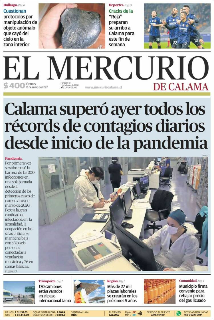 Portada de El Mercurio - Calama (Chile)