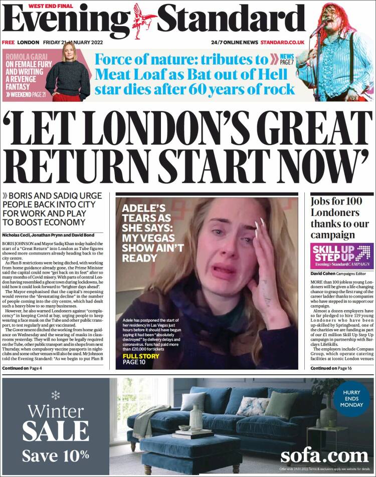 Portada de Evening Standard (Reino Unido)