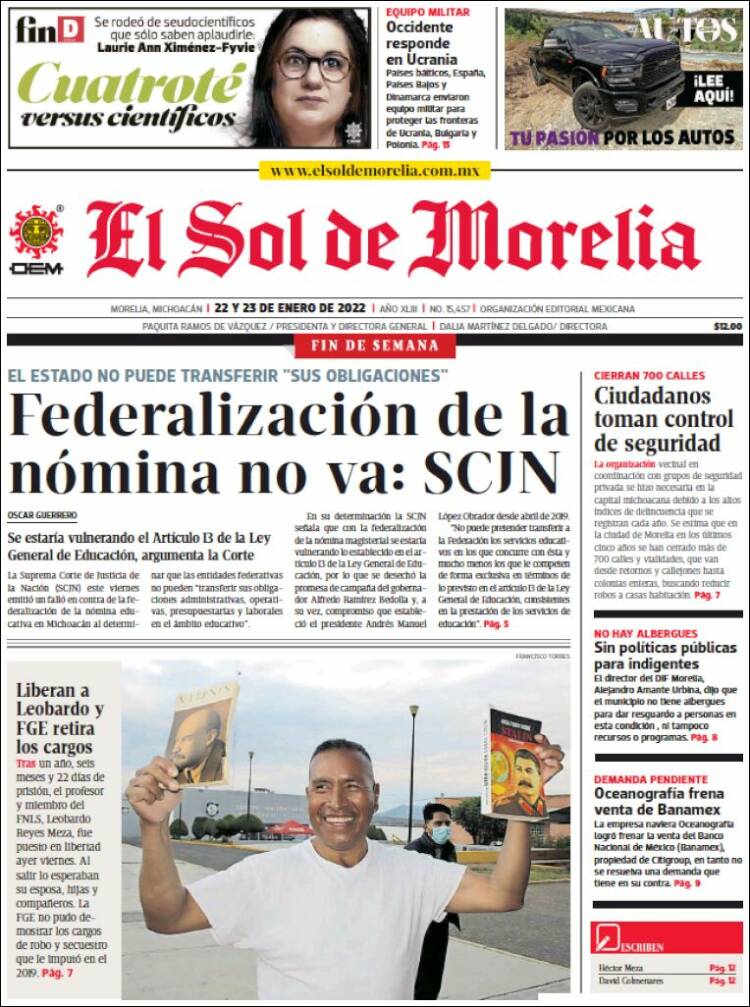 Portada de El Sol de Morelia (M&eacute;xico)
