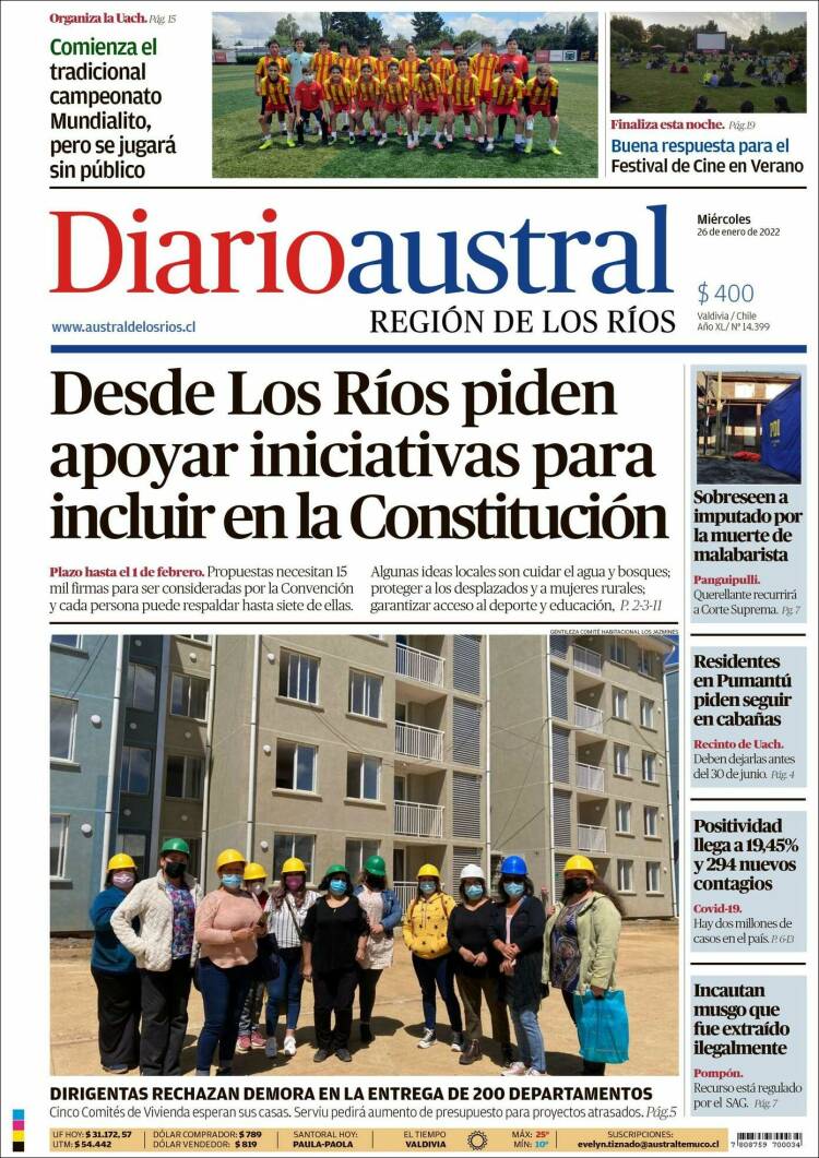 Portada de El Diario Austral de Valdivia (Chile)