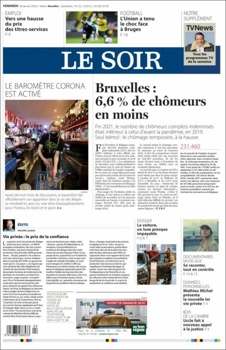 Portada de Le Soir (B&eacute;lgica)