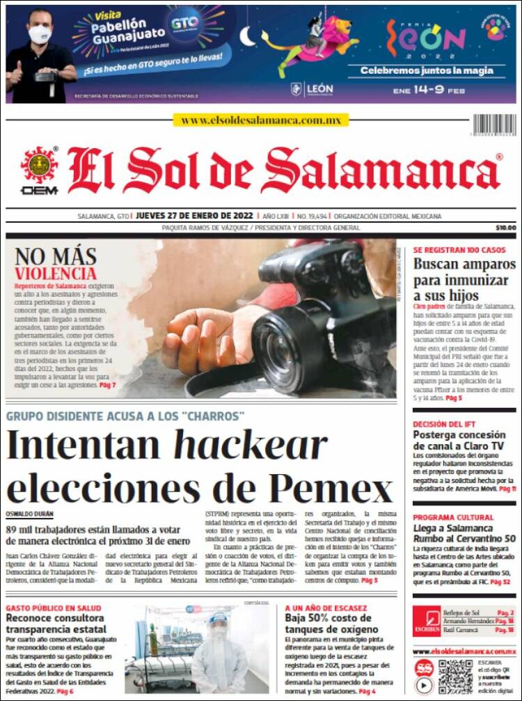 Portada de El Sol de Salamanca (M&eacute;xico)