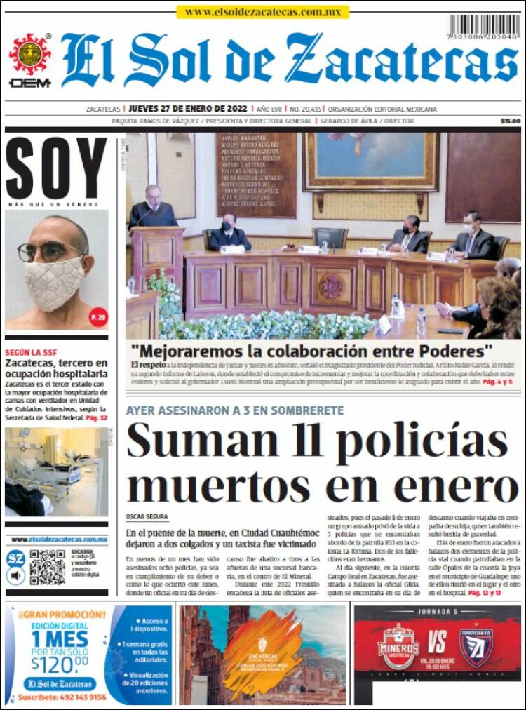 Portada de El Sol de Zacatecas (M&eacute;xico)