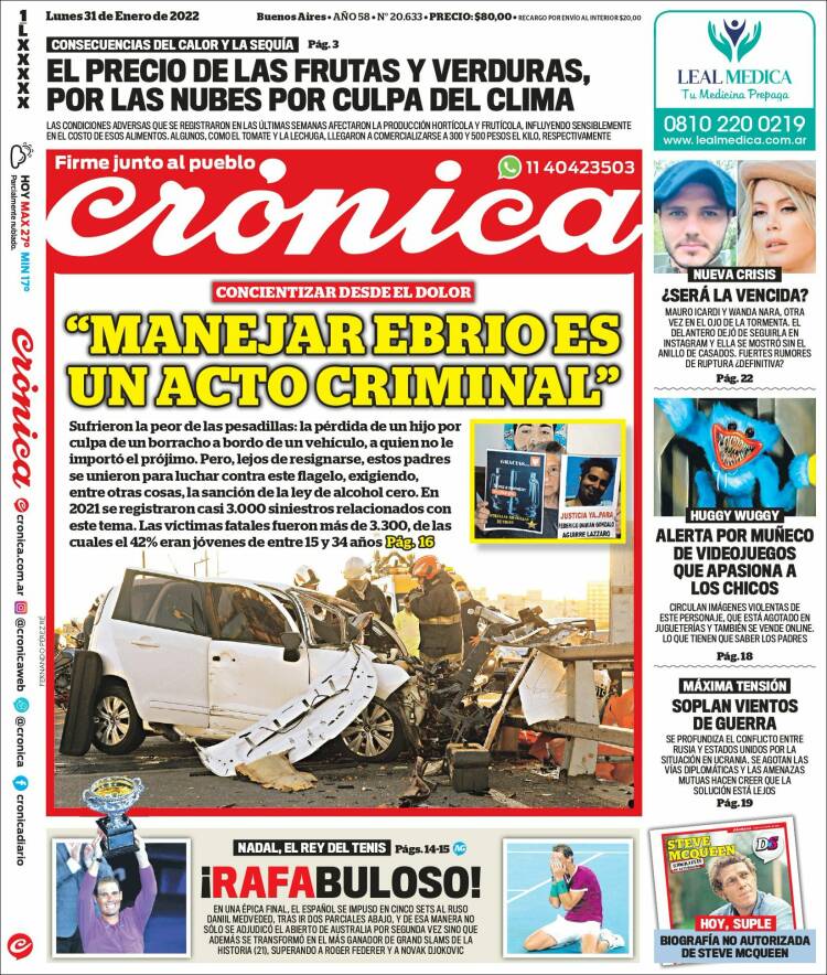 Periódico Crónica Periódicos de Argentina. de 31 de enero de 2022. Kiosko.net