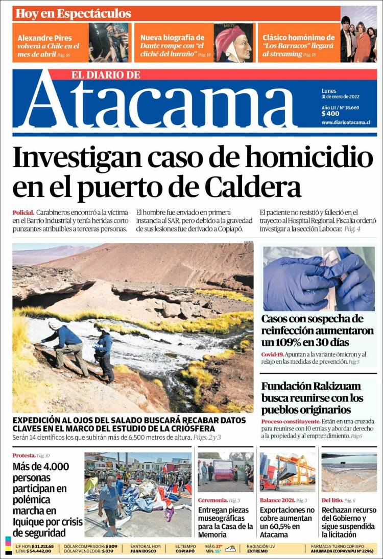 Portada de Diario de Atacama (Chile)