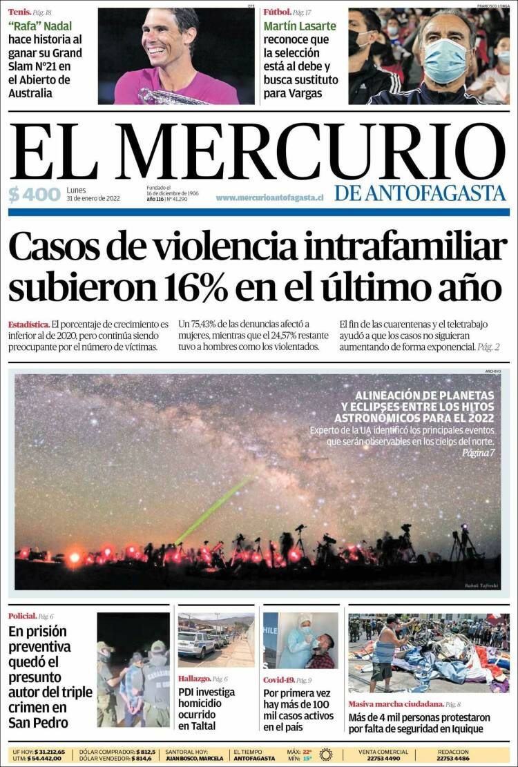 Portada de El Mercurio de Antofagasta (Chili)