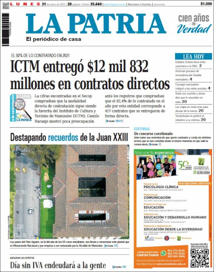 Portada de La Patria (Colombia)