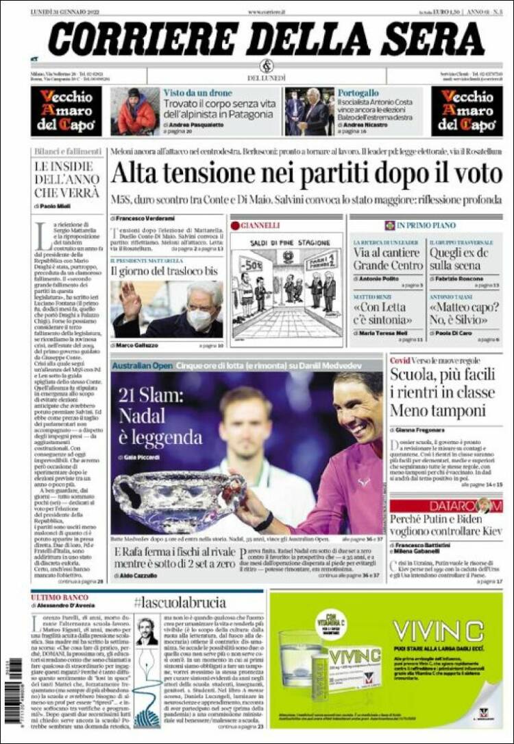 Portada de Corriere della Sera (Italia)