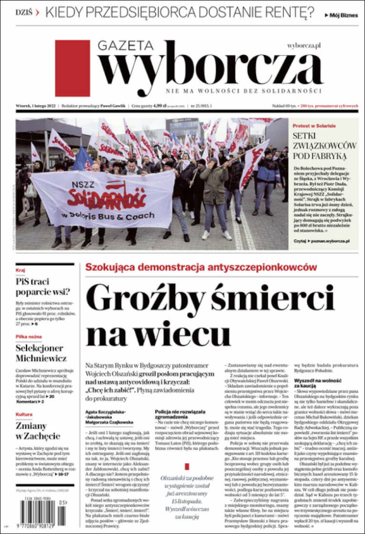 Portada de Gazeta Wyborcza (Polonia)