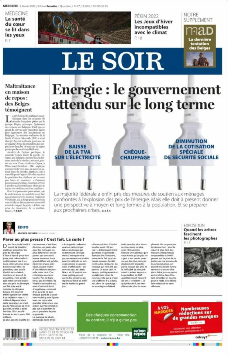 Portada de Le Soir (B&eacute;lgica)