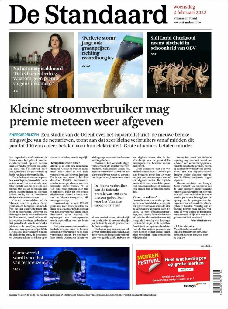 Portada de De Standaard (B&eacute;lgica)