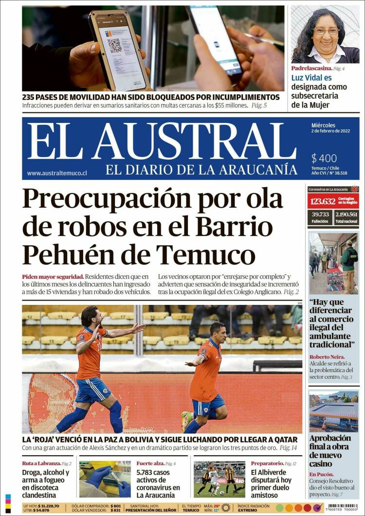 Portada de El Austral de Temuco (Chile)