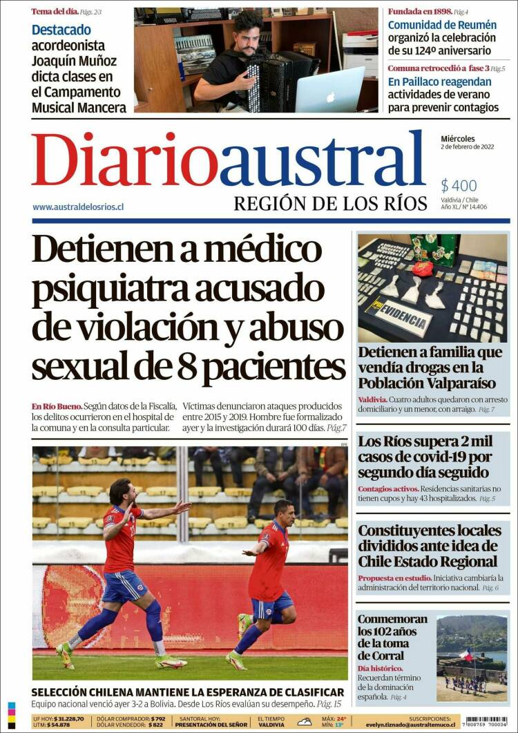Portada de El Diario Austral de Valdivia (Chile)