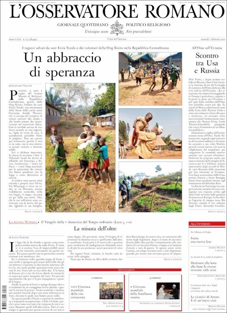 Portada de L'Osservatore Romano (Italia)