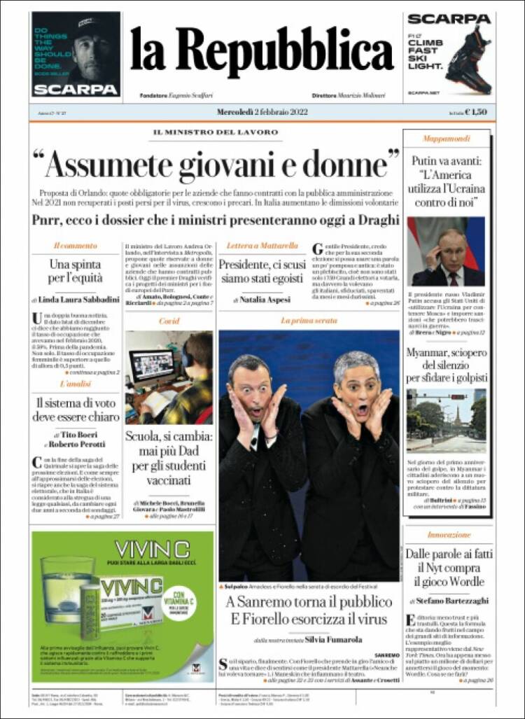 Portada de La Repubblica (Italia)
