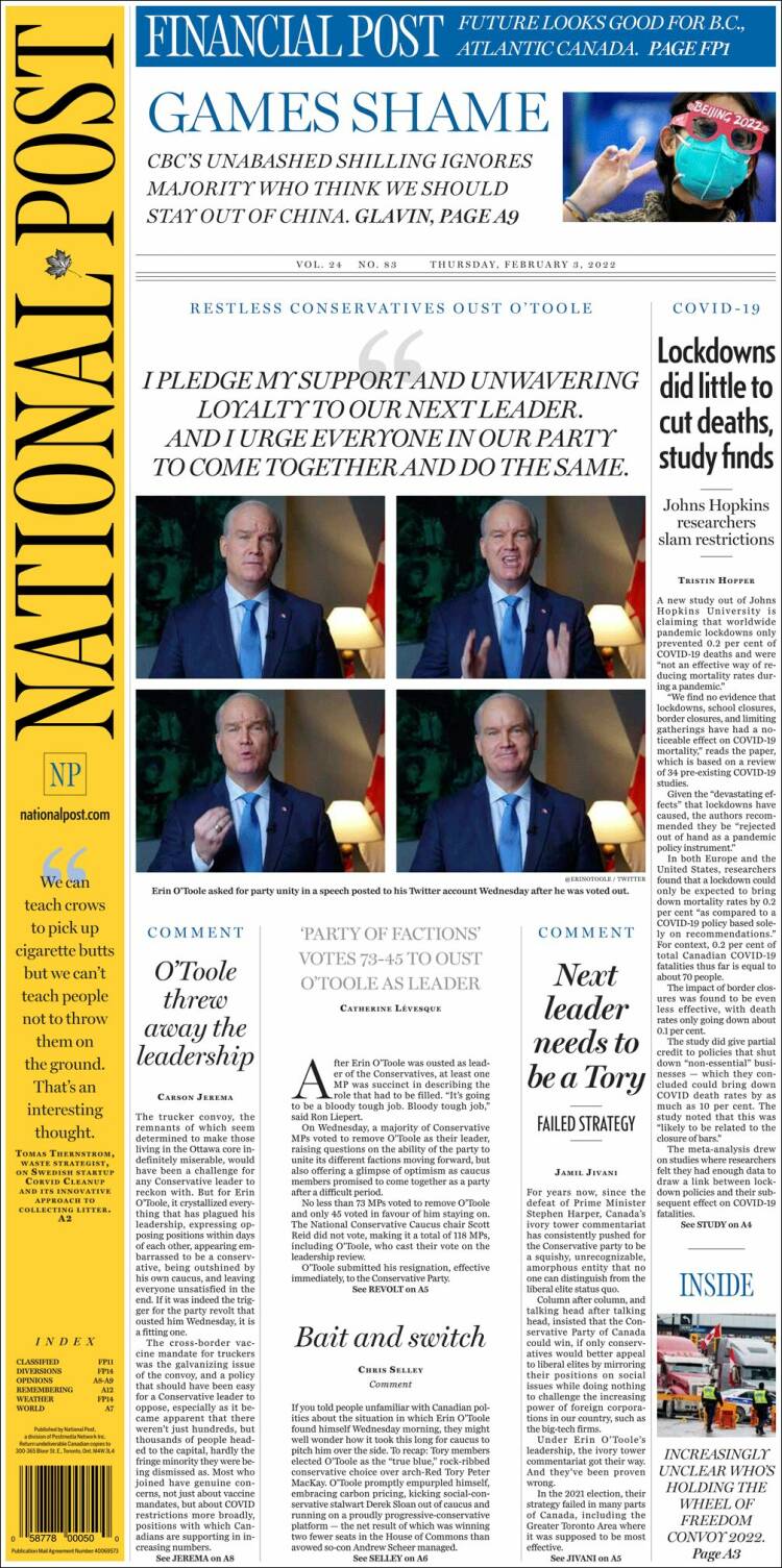 Portada de The National Post (Canada)