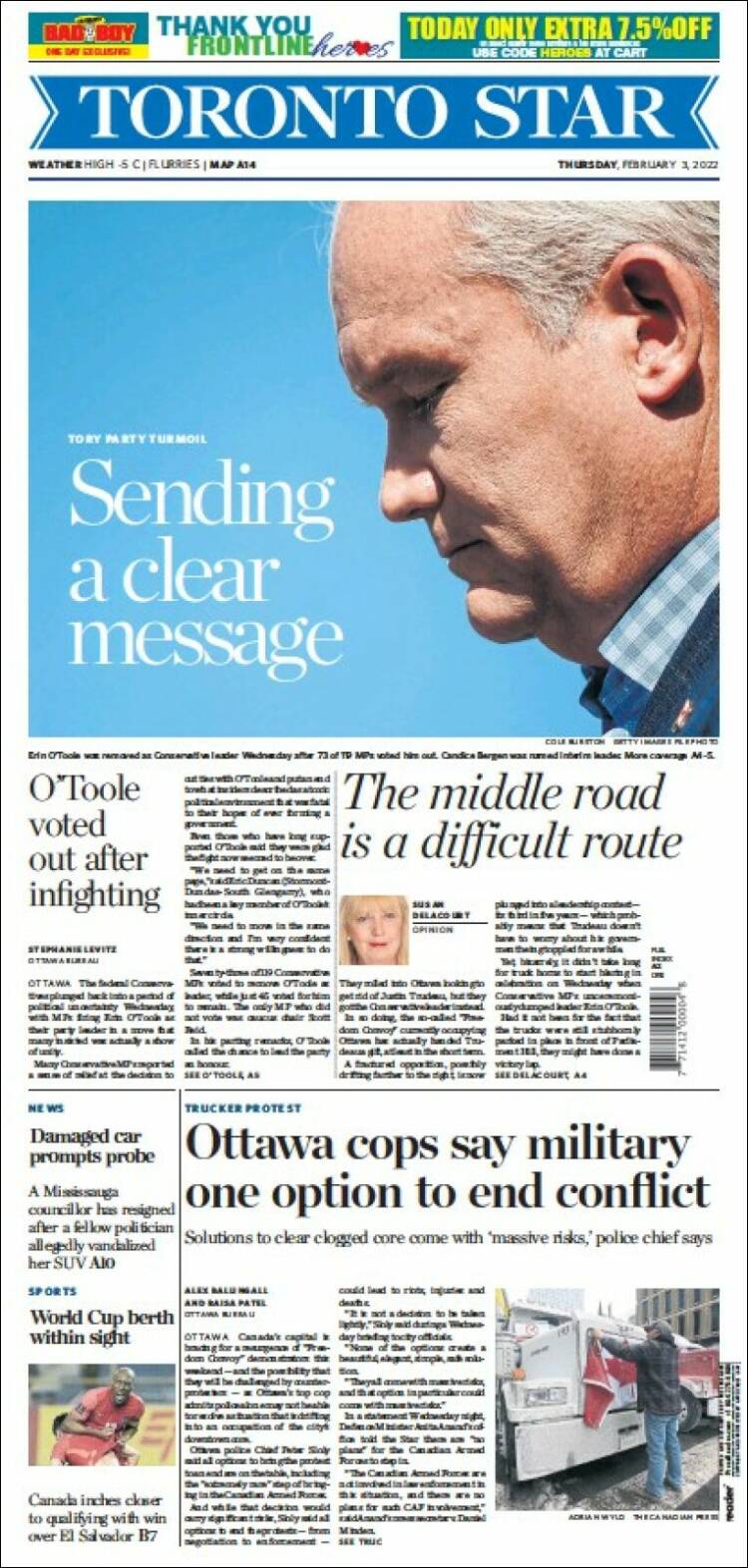 Portada de The Toronto Star (Canada)