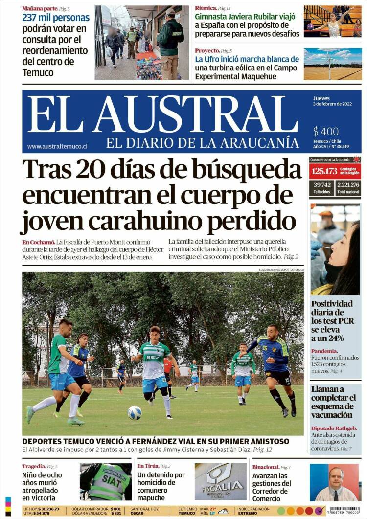 Portada de El Austral de Temuco (Chile)