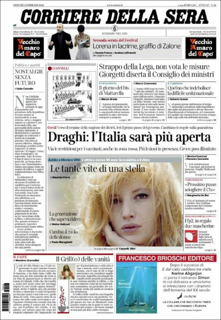 Portada de Corriere della Sera (Italia)