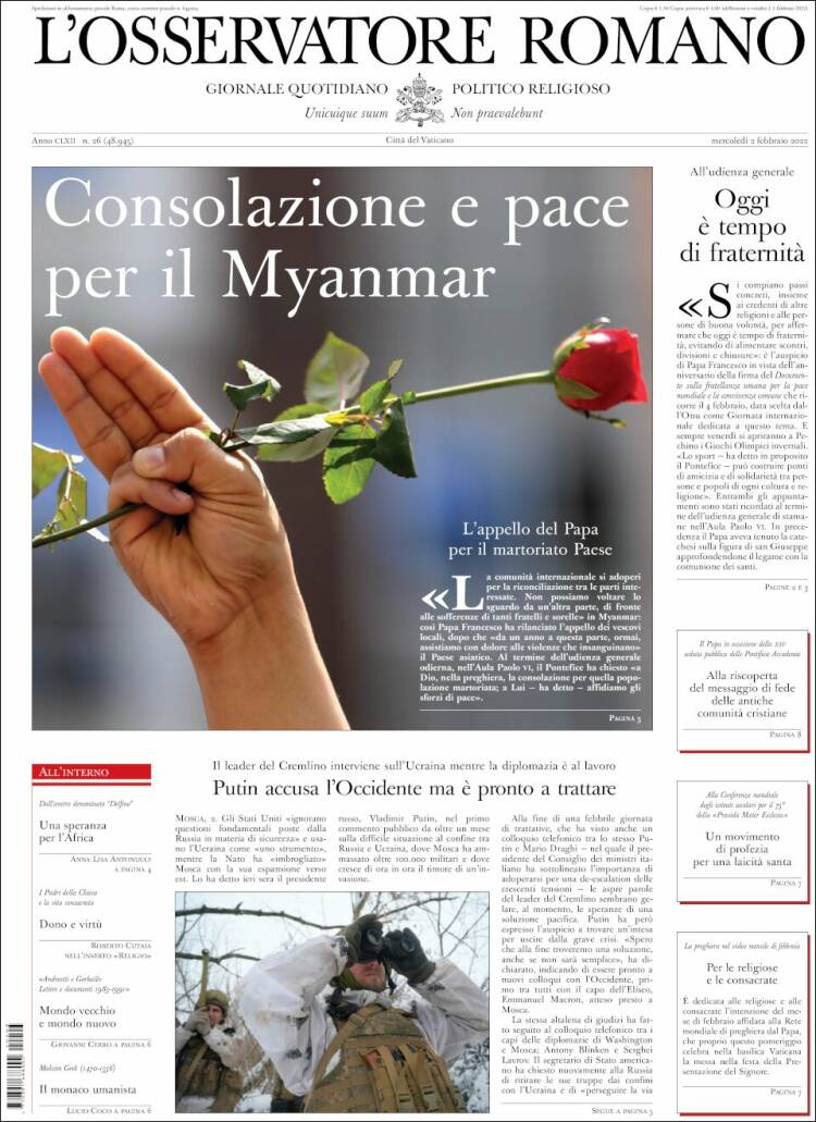 Portada de L'Osservatore Romano (Italia)
