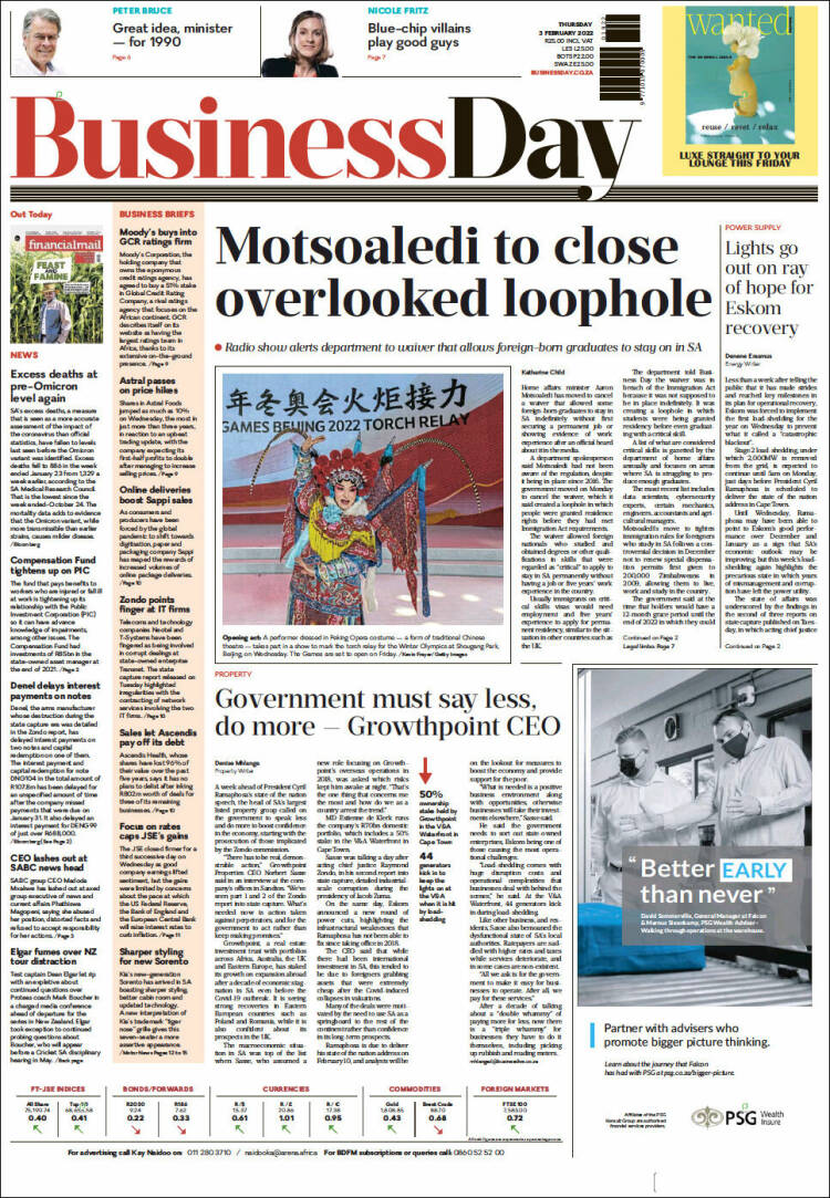 Portada de Business Day (Sud&aacute;frica)