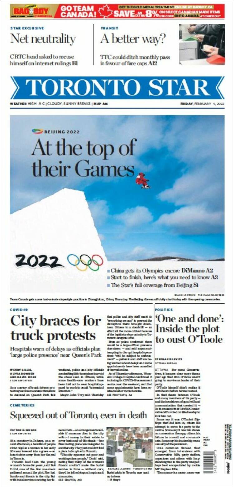 Portada de The Toronto Star (Canada)