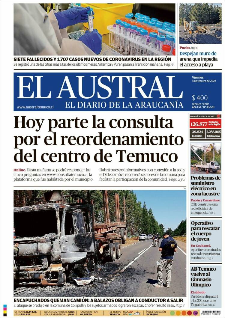 Portada de El Austral de Temuco (Chile)