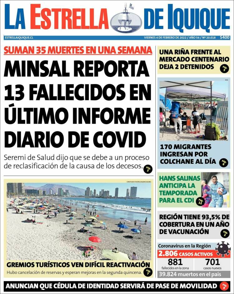 Portada de La Estrella de Iquique (Chile)