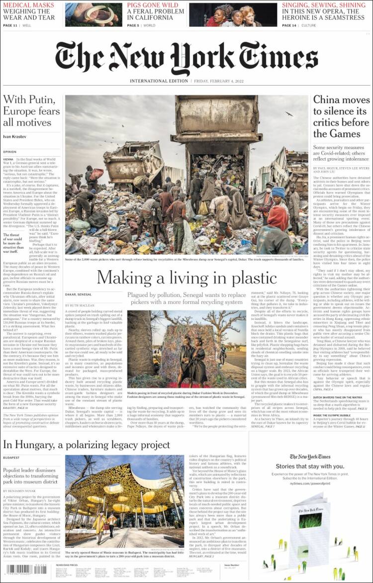 Portada de International New York Times (Europa)