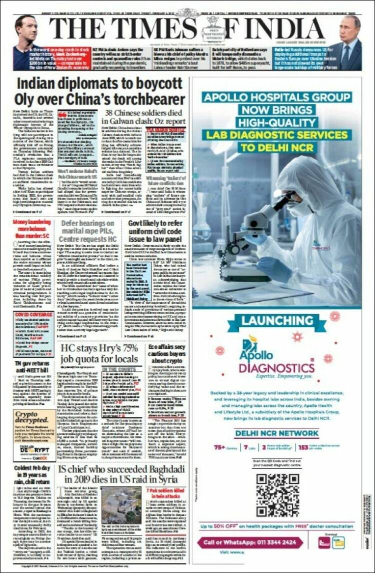 Portada de The Times of India (India)