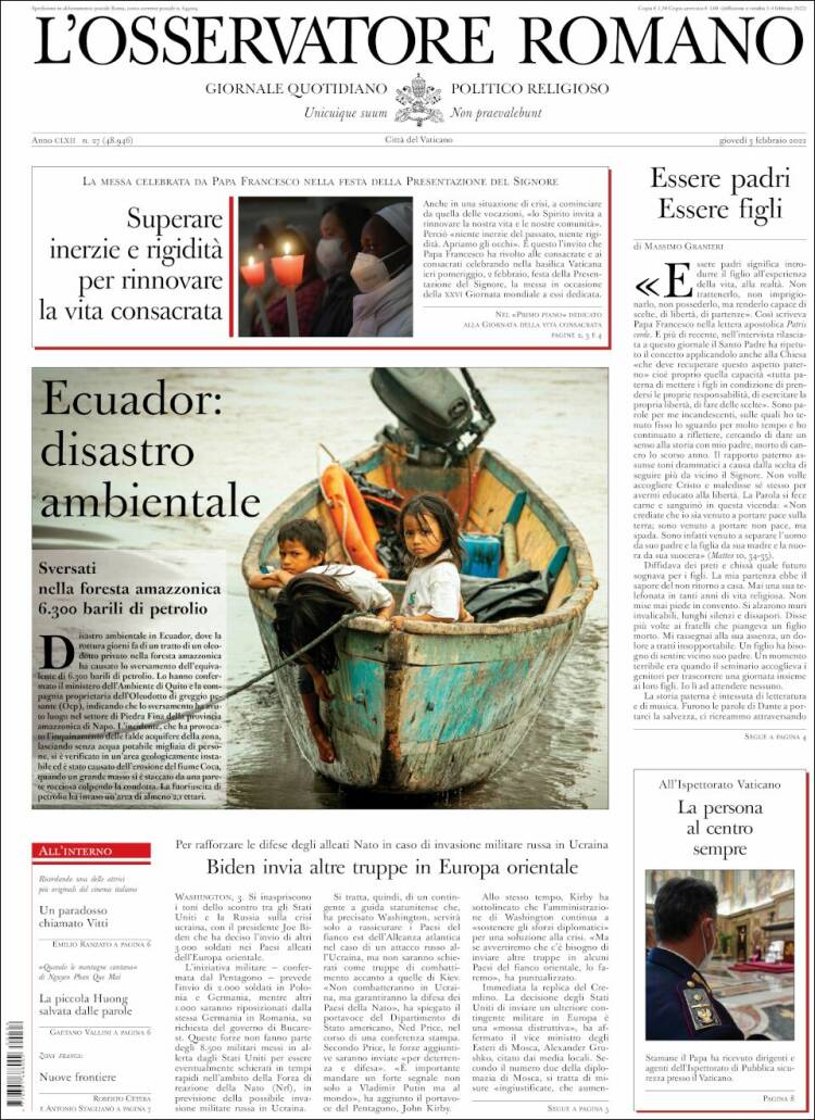 Portada de L'Osservatore Romano (Italia)