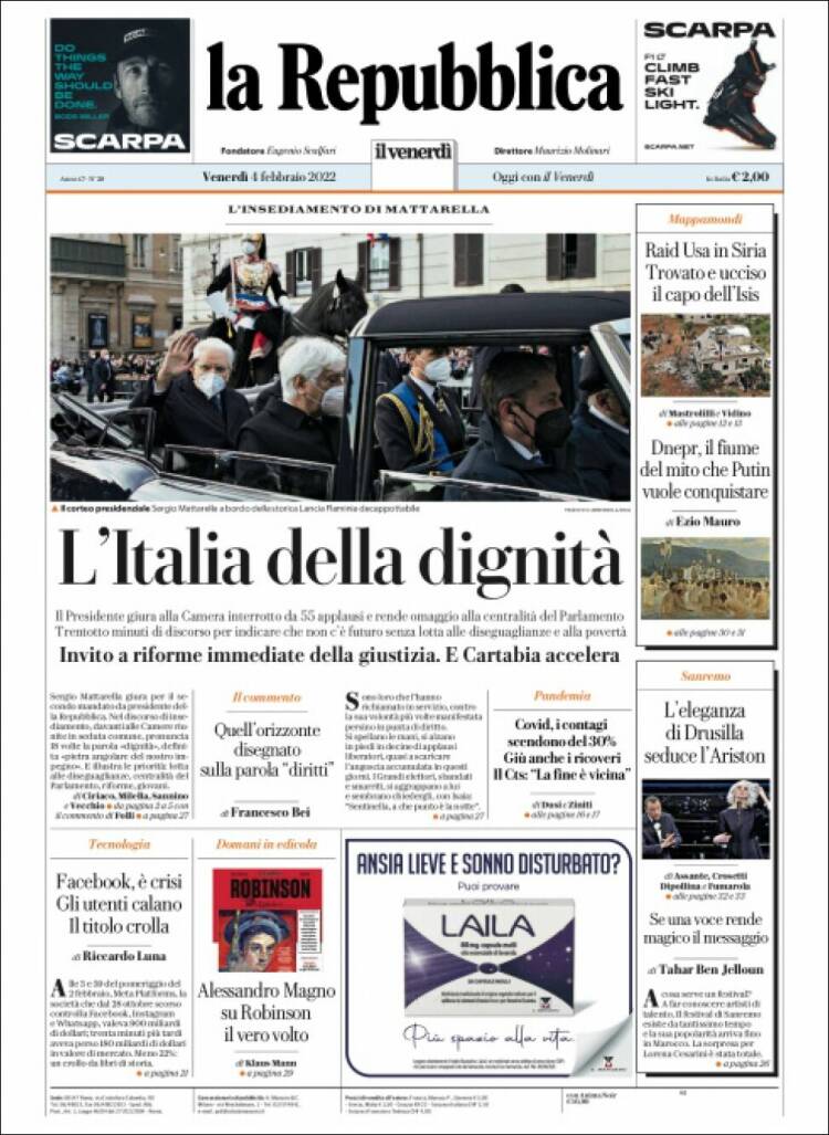 Portada de La Repubblica (Italia)