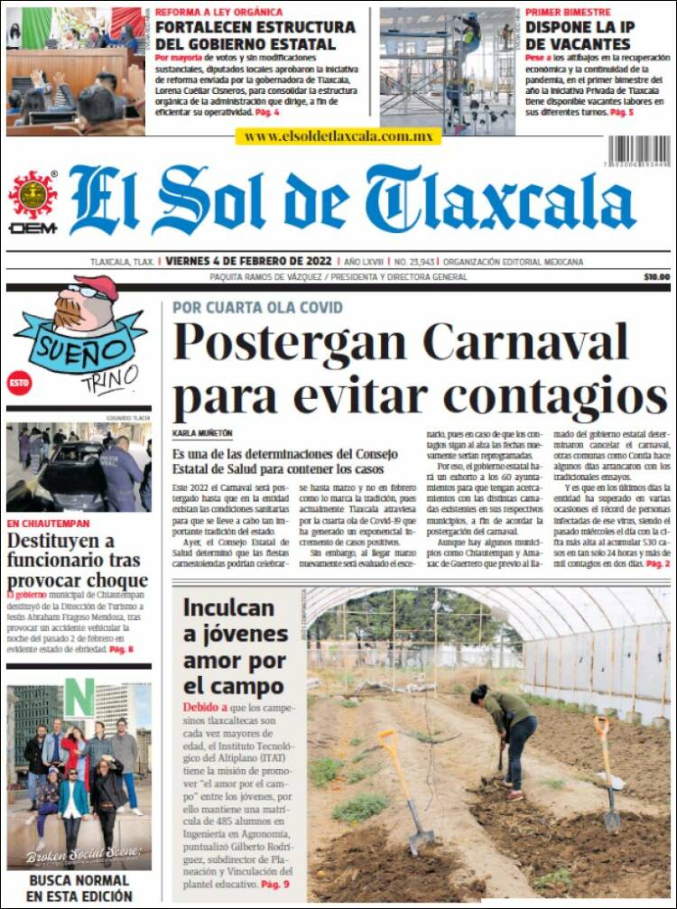 Portada de El Sol de Tlaxcala (M&eacute;xico)