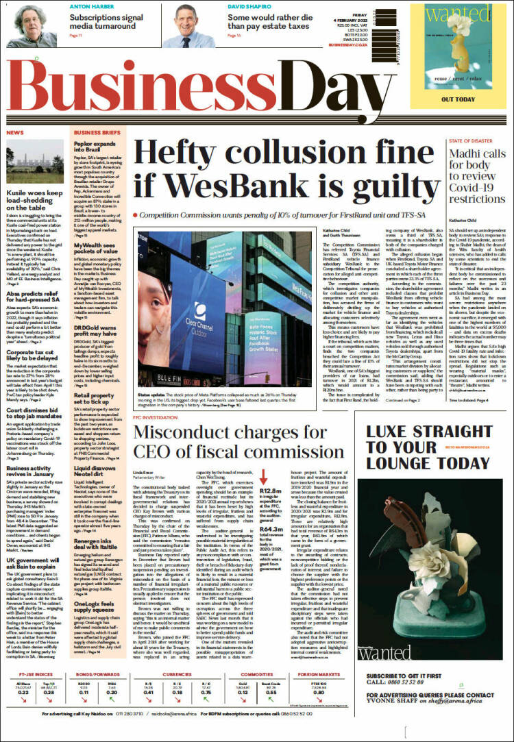 Portada de Business Day (Sud&aacute;frica)