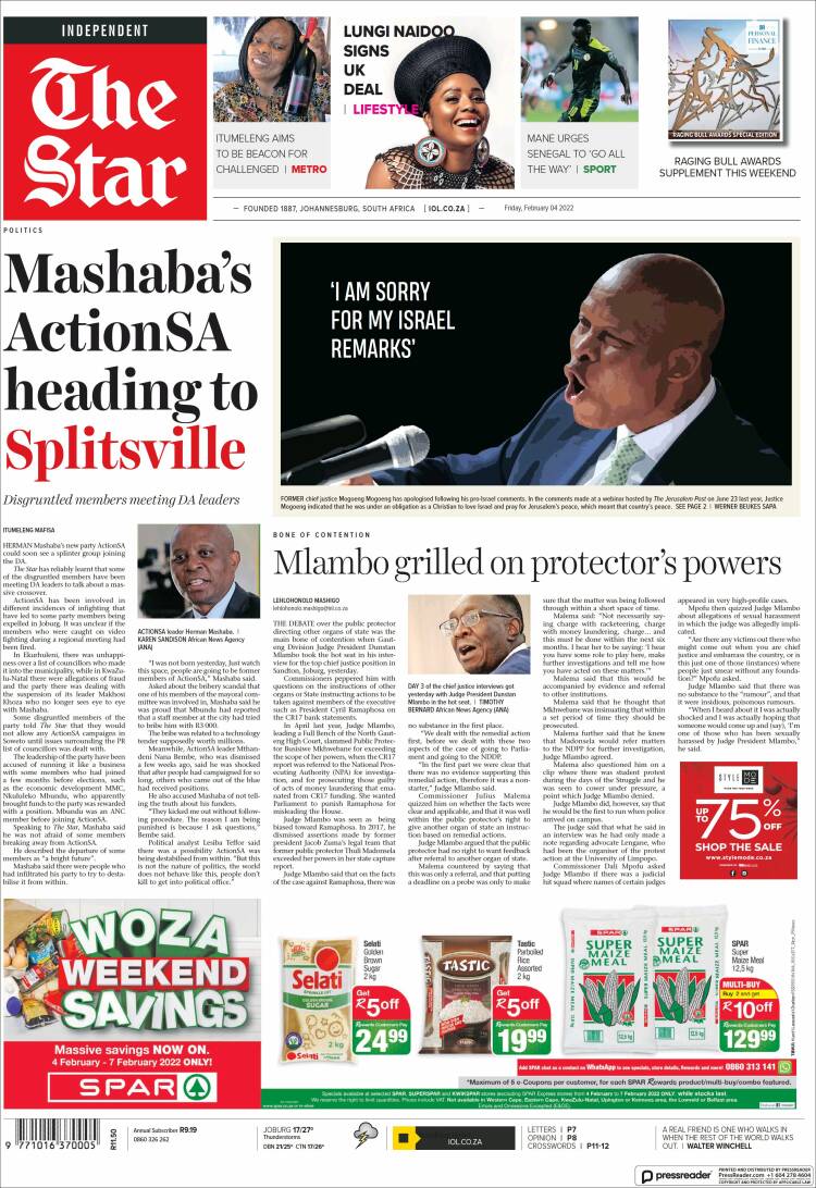 Portada de The Star (Sud&aacute;frica)