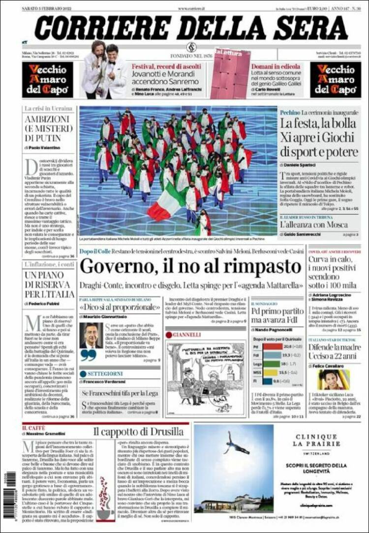 Portada de Corriere della Sera (Italia)