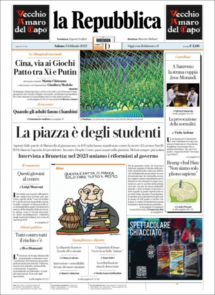 Portada de La Repubblica (Italia)