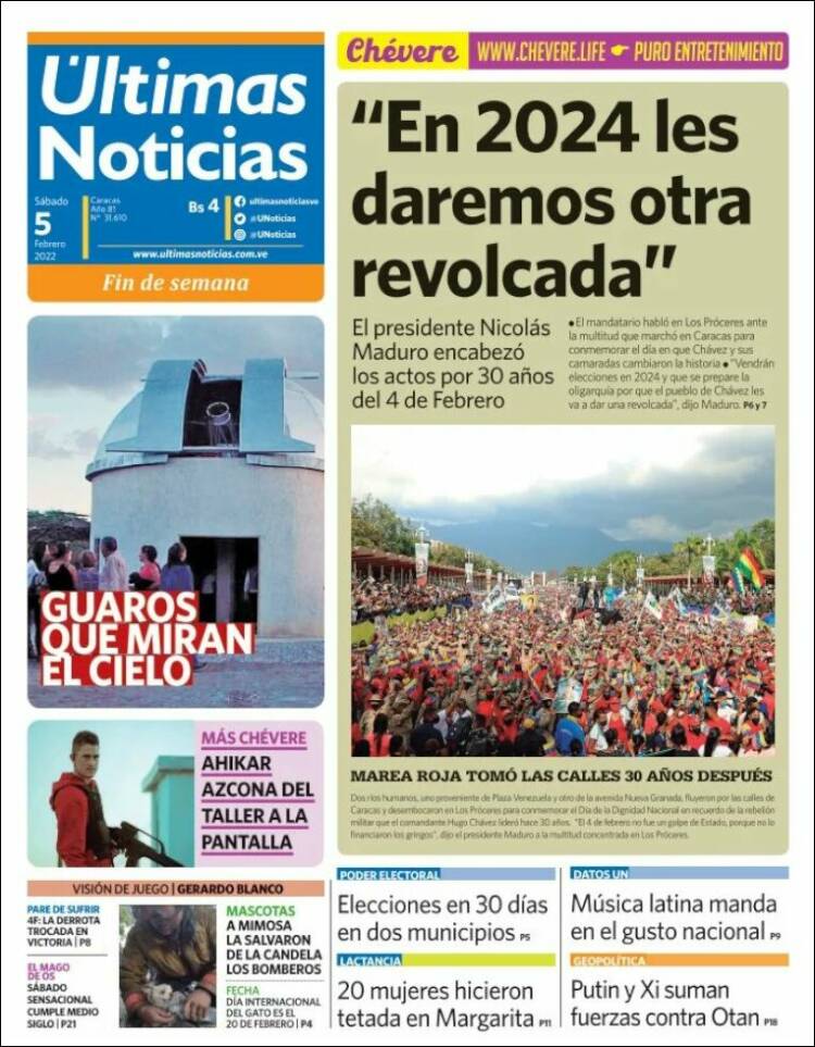 Portada de Últimas Noticias (Venezuela)