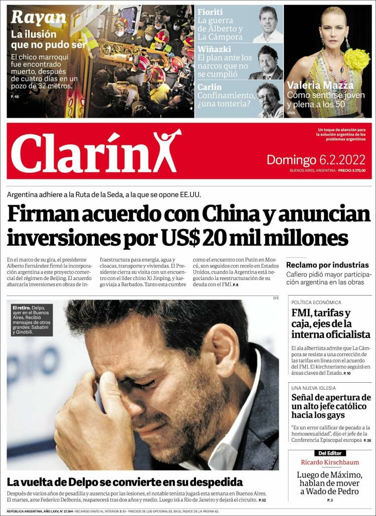 Periódico Clarín (Argentina). Periódicos de Argentina. Edición de domingo,  6 de febrero de 2022. 
