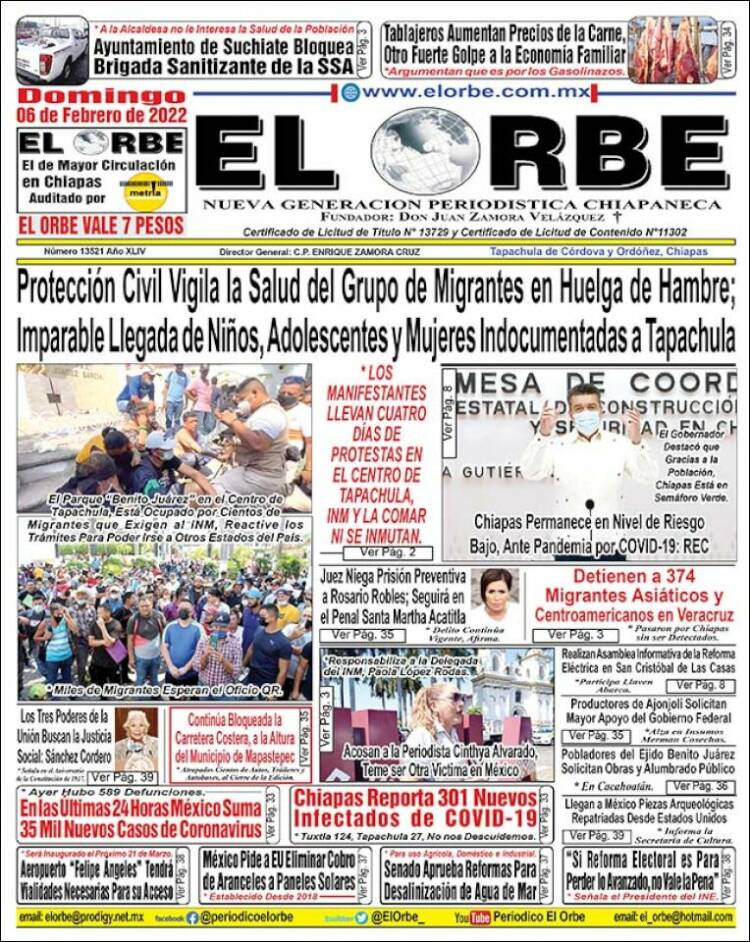 Periódico El Orbe (México). Periódicos de México. Edición de domingo, 6 de  febrero de 2022. 