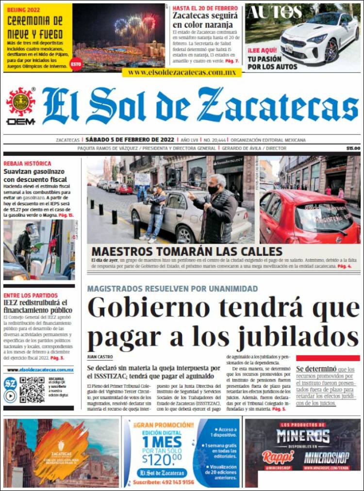 Portada de El Sol de Zacatecas (México)